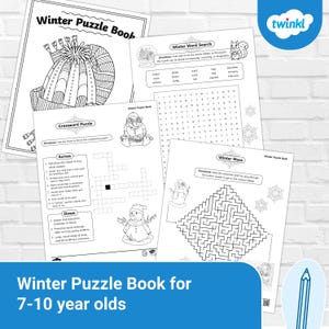 May include: A collection of black and white winter-themed puzzle pages, including a crossword, word search, and maze. The cover reads "Winter Puzzle Book" and the text "Winter Puzzle Book for 7-10 year olds" is at the bottom.