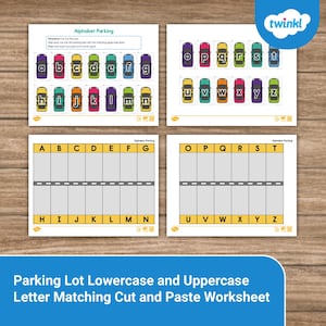 Puede incluir: Hojas de trabajo educativas "Alphabet Parking" para emparejar letras minúsculas y mayúsculas. Las hojas de trabajo presentan ilustraciones de coches coloridos y plazas de aparcamiento, diseñadas para actividades de cortar y pegar.