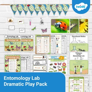 Puede incluir: Un conjunto de materiales educativos para un laboratorio de entomología, que incluye letreros, gráficos e ilustraciones de insectos. La pancarta en la parte superior dice "Entomología". El paquete incluye imágenes de una mariquita, mariposa y otros insectos.
