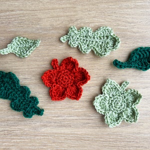 Puede incluir: Cinco formas de flores y hojas de ganchillo en verde y rojo. Las formas de las flores son de varios tamaños y tienen un aspecto texturizado. Las formas de las hojas son de varios tamaños y tienen un aspecto texturizado.