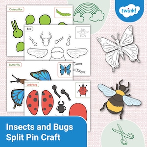 Op de afbeelding: Een verzameling knutseluitsparingen met insectenthema, waaronder een rups, een bij, een vlinder en een lieveheersbeestje. De afbeelding bevat ook een regenboog en een hommel. De tekst "Insects and Bugs Split Pin Craft" wordt onderaan weergegeven.