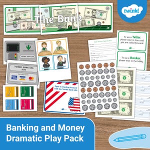 May include: A printable set of educational resources for dramatic play, featuring a bank theme. The set includes a bank teller, manager, ATM, and a variety of money-related props. The set is designed to help children learn about banking and money.