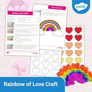 May include: A craft kit for making a rainbow of love. The kit includes instructions, heart cutouts, and colourful paper. The instructions are on a pink and white sheet with illustrations. The finished craft is a rainbow made of hearts.
