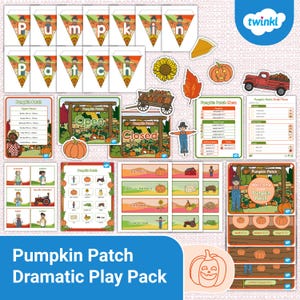 Peut inclure: Ensemble de matériel pédagogique illustré sur le thème du champ de citrouilles. Comprend des bannières avec "Pumpkin Patch", des panneaux et des découpes de citrouilles, d'épouvantails et un camion rouge. Le texte "Pumpkin Patch Dramatic Play Pack" est visible.