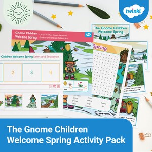 Puede incluir: Un paquete de actividades imprimibles colorido para niños con gnomos, primavera y naturaleza. El paquete incluye una búsqueda de palabras, una actividad de escuchar y secuenciar, y una actividad de encontrar los elementos. El texto en la portada dice "The Gnome Children Welcome Spring Activity Pack".