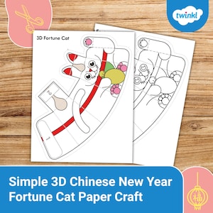 Pode incluir: Um artesanato de papel 3D imprimível de um gato branco segurando uma moeda de ouro. O artesanato é rotulado como "3D Fortune Cat" e inclui instruções de montagem. O gato está segurando uma moeda de ouro e tem uma fita vermelha ao redor do pescoço. O artesanato é projetado para ser cortado e montado em um modelo 3D.