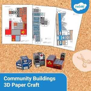 Puede incluir: Un proyecto de manualidades con modelos de papel 3D de edificios comunitarios. La imagen muestra plantillas impresas y estructuras ensambladas, incluyendo una estación de bomberos, un hospital y otros edificios. El texto "Community Buildings 3D Paper Craft" es visible.