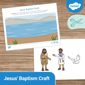May include: A craft activity for kids to learn about the story of Jesus' baptism. The printable includes a scene of the Jordan River, and cut-out figures of Jesus, John the Baptist, and a dove.