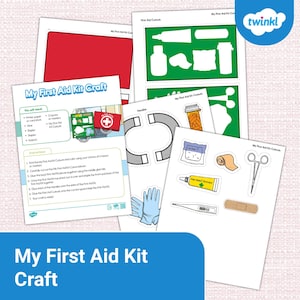 May include: A collection of printed paper sheets for a 'My First Aid Kit Craft' project. The sheets include cutouts of first aid supplies like bandages, scissors, and medicine bottles, along with instructions and a red first aid kit illustration. The text 'My First Aid Kit Craft' is prominently displayed.