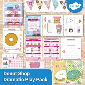 Könnte beinhalten: Ein druckbares Paket für Rollenspiele zum Thema Donut-Shop. Das Paket enthält eine Vielzahl von Aktivitäten, wie z. B. das Entwerfen eines Donuts, eine Donut-Shop-Speisekarte und ein Donut-Farb-Bestellformular. Es gibt auch druckbare Schilder für "Geöffnet" und "Geschlossen" sowie eine Donut-Shop-Sortieraktivität.
