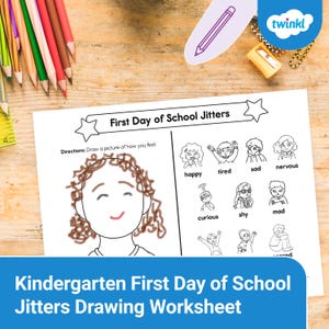 May include: A black and white worksheet titled "First Day of School Jitters" with illustrations of emotions. The worksheet includes the text "Directions: Draw a picture of how you feel." and the words "happy," "tired," "sad," "nervous," "curious," "shy," and "mad." The bottom of the worksheet reads "Kindergarten First Day of School Jitters Drawing Worksheet."