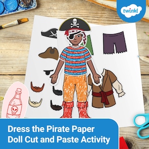 May include: A paper doll pirate with various clothing options, including a hat with a skull and crossbones, a striped shirt, orange pants, and a brown jacket. The image also includes a bottle with a skull and crossbones.