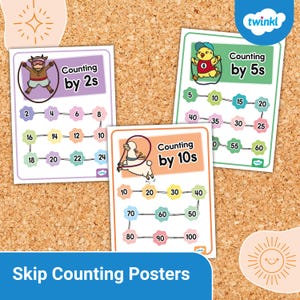 May include: Three colorful skip counting posters with illustrations of a cow, chick, and llama. The posters teach counting by 2s, 5s, and 10s, with numbers displayed in a sequence. The text "Counting by 2s", "Counting by 5s", and "Counting by 10s" is visible.