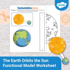 Puede incluir: Una hoja de trabajo imprimible para que los niños aprendan sobre la Tierra orbitando el Sol. La hoja de trabajo incluye un modelo de la Tierra y el Sol, con instrucciones para conectarlos usando sujetadores de latón. El texto "La Tierra orbita el Sol" está impreso en la parte superior de la hoja de trabajo.