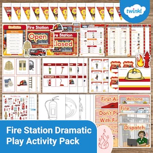 May include: A set of educational resources for a fire station role-play activity. Includes signs, equipment illustrations, and a fire station banner. The text "Fire Station Dramatic Play Activity Pack" is visible.