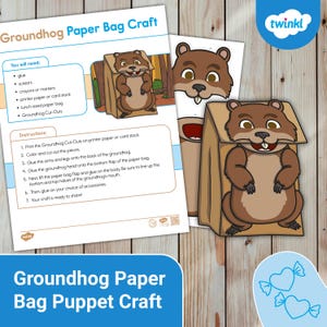 May include: Printable craft instructions for making a groundhog puppet out of a paper bag. The instructions include a list of materials needed and step-by-step directions. The image also includes a color illustration of the finished puppet.