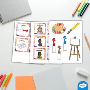 Puede incluir: Ilustraci&oacute;n de materiales de arte y tarjetas de vocabulario. La imagen muestra tubos de pintura, una paleta de madera, un pincel y un lienzo sobre un caballete. Las tarjetas de vocabulario incluyen palabras como "pinturas", "paletas", "asistente", "gerente" y "cliente".