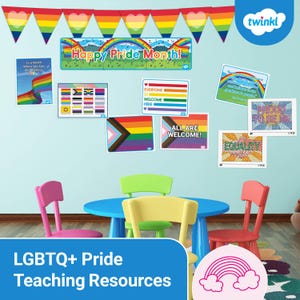 May include: A classroom scene with LGBTQ+ Pride teaching resources. The image features a blue table, colorful chairs, and wall decorations including rainbow flags, signs with text like "Happy Pride Month!" and "All Are Welcome!"