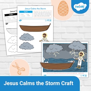 May include: A printable craft activity for kids featuring Jesus calming the storm. The craft includes a boat, clouds, lightning, and a figure of Jesus. The text "Then He rose and rebuked the winds and the sea, and there was a great calm." - Matthew 8:26 is included.