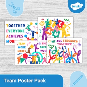 Op de afbeelding: Een set van vier kleurrijke posters met illustraties en tekst die teamwork bevorderen. De posters bevatten zinnen als "Samen bereikt iedereen meer", "Teamwork maakt", "De droom werkt", en "Samen zijn we sterker".