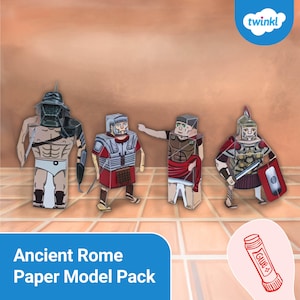 Puede incluir: Un paquete de modelos de papel del Imperio Romano. La imagen muestra cuatro figuras: un gladiador, dos soldados romanos y un soldado con un escudo. Los modelos son de estilo caricatura con colores rojo, blanco y beige. El texto "Ancient Rome Paper Model Pack" está en la parte inferior.