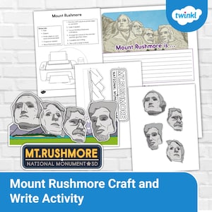 Puede incluir: Un conjunto de hojas de actividades de manualidades y escritura con el tema del Monte Rushmore. Incluye recortes imprimibles de las caras de los presidentes, una página para colorear y una propuesta de escritura. El texto incluye "Mount Rushmore is..." y "MT. RUSHMORE NATIONAL MONUMENT SD."
