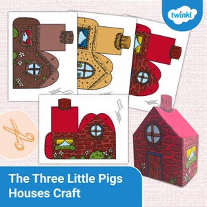 以下が含まれることがあります： 3匹の子豚の物語に登場する3つの家をテーマにした、子供向けの印刷可能なクラフトアクティビティです。家はわら、棒、レンガで作られています。クラフトには、家の切り抜きと組み立ての指示とテンプレートが含まれています。