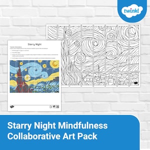 May include: A collaborative art pack featuring a "Starry Night" theme. The pack includes a color-by-number sheet and a large black and white collaborative art piece. The text on the image reads "Starry Night Mindfulness Collaborative Art Pack."