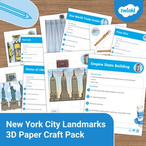 Puede incluir: Un conjunto de plantillas de manualidades en papel para los monumentos de la ciudad de Nueva York, incluyendo el Empire State Building, la Estatua de la Libertad y un taxi amarillo. El paquete está diseñado para manualidades en papel 3D e incluye instrucciones.