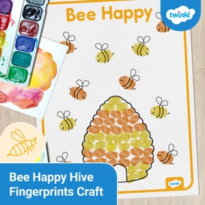 May include: A white paper with the words "Bee Happy" and a bee-themed fingerprint craft. The craft features a beehive made of yellow and orange fingerprints, surrounded by drawn bees. The text "Bee Happy Hive Fingerprints Craft" is at the bottom.