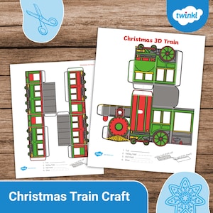 Puede incluir: Una plantilla de tren de Navidad para imprimir. La plantilla incluye instrucciones para cortar, doblar y pegar las piezas para crear un tren en 3D. El tren es verde, rojo y negro con una chimenea blanca y ruedas.