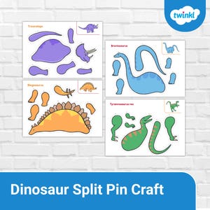 May include: Four dinosaur split pin craft sheets featuring a Triceratops, Brontosaurus, Stegosaurus, and Tyrannosaurus rex. Each dinosaur is shown in pieces with a small illustration of the complete dinosaur. The text "Dinosaur Split Pin Craft" is at the bottom.