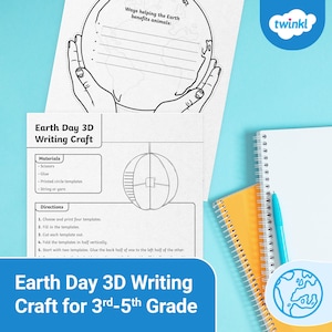 Könnte beinhalten: Ein Bastelset zum Thema Earth Day für Schüler der 3. bis 5. Klasse. Das Set enthält Vorlagen für ein 3D-Schreibhandwerk, eine Schere, Kleber und Schnur oder Garn. Das Design zeigt einen Globus und Anweisungen zur Herstellung des Handwerks.