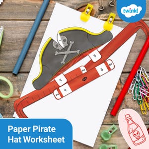 May include: A white worksheet with a paper pirate hat design, red ruler, and the text "Paper Pirate Hat Worksheet". The pirate hat is gray with a yellow trim and a skull and crossbones. Includes a red pencil and yellow clips.