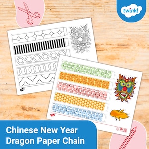 May include: Printable Chinese New Year dragon paper chain craft activity. The printable includes a dragon head, tail, and chain links with different patterns to color. The paper chain is a fun activity for kids to make for the Chinese New Year.