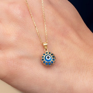 14K Real Gold Dainty Round Shape Evil Eye Pendant, Handmade Minimalist Eye Pendant, Protection Jewelry, Evil Eye Charm Necklace Gift for Her