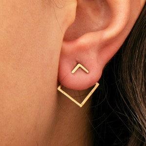 14K 18K Solid Gold Dainty Triangle Earrings, Geometric Stud Earrings, Handmade Square Earrings, Open Square Triangle Earrings, Gift for Her