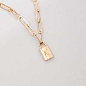 14K Real Gold Initial Padlock Necklace in Paper Clip Chain, Personalized Lock Necklace Perfect Gift for Mothers, Custom Date Number Engrave