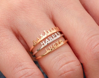 Anillo apilable personalizado de oro de 14 quilates con nombre, joyería con letra personalizada