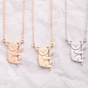 14K 18K Real Gold Petite Koala Necklace, Handmade Koala Charm for Animal Lovers, Dainty Koala Hugs Bamboo, Animal Jewelry, Bridesmaid Gift