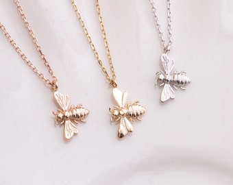 Solid Gold Bee Necklace – Dainty Bumblebee, Hexagon Nature Jewelry