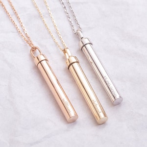 14K 18K Real Gold Personalized Urn Bar Ashes Cylinder Necklace Cremation, Initial Urn Free Engraving, Unforgettable Gift For Your Loved Ones