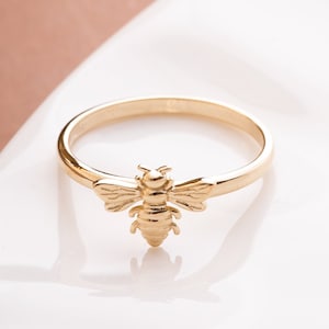 14K 18K Real Gold Bumble Bee Stacking Ring, Delicate Minimalist Ring with a Bee, Bee Inspired Jewelry, Dainty Honey Bee Ring is Gift For Her
