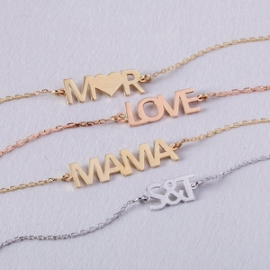 Pulsera con inicial personalizada, oro real de 14 quilates y 18 quilates, pulsera de amor para parejas, pulsera con letras pequeñas personalizadas, pulsera delicada de la amistad para ella