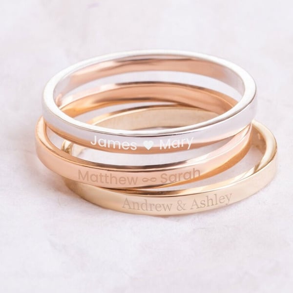 14K 18K Real Gold Custom Delicate Name Ring, Personalized Custom Name Stacking Rings, 2mm Skinny Custom Baby Stackable Name Ring Mom Gift