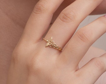 14K Gold Rod of Asclepius Ring, Caduceus Symbol, Nurse Doctor Gift