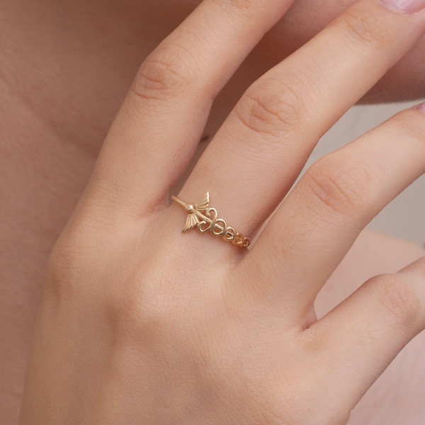 14K gouden asclepiusring, caduceus-symbool, cadeau verpleegster