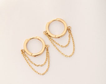 Solid 14K 18K Gold Double Chain Hoop Hinged Earrings, Dangling Chains, Gold Chain Dangle Drop Hoop Earrings, Tiny Hoops Perfect Gift For Her