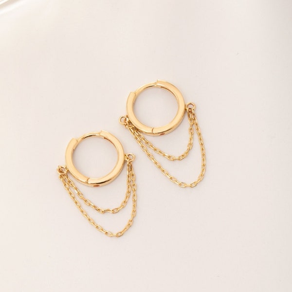 Solid 14K 18K Gold Double Chain Hoop Hinged Earrings, Dangling Chains, Gold Chain Dangle Drop Hoop Earrings, Tiny Hoops Perfect Gift For Her