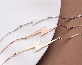 14K Real Gold Lightning Bolt Bracelet, Tiny Thin Gold Charm Celestial Jewelry Bracelet, Lightning Sideways Choker Bracelet, Gift For Mother